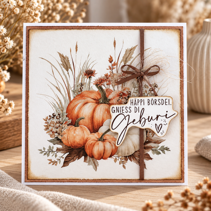 Holzstempel Häppi Börsdei. Gniess die Geburi