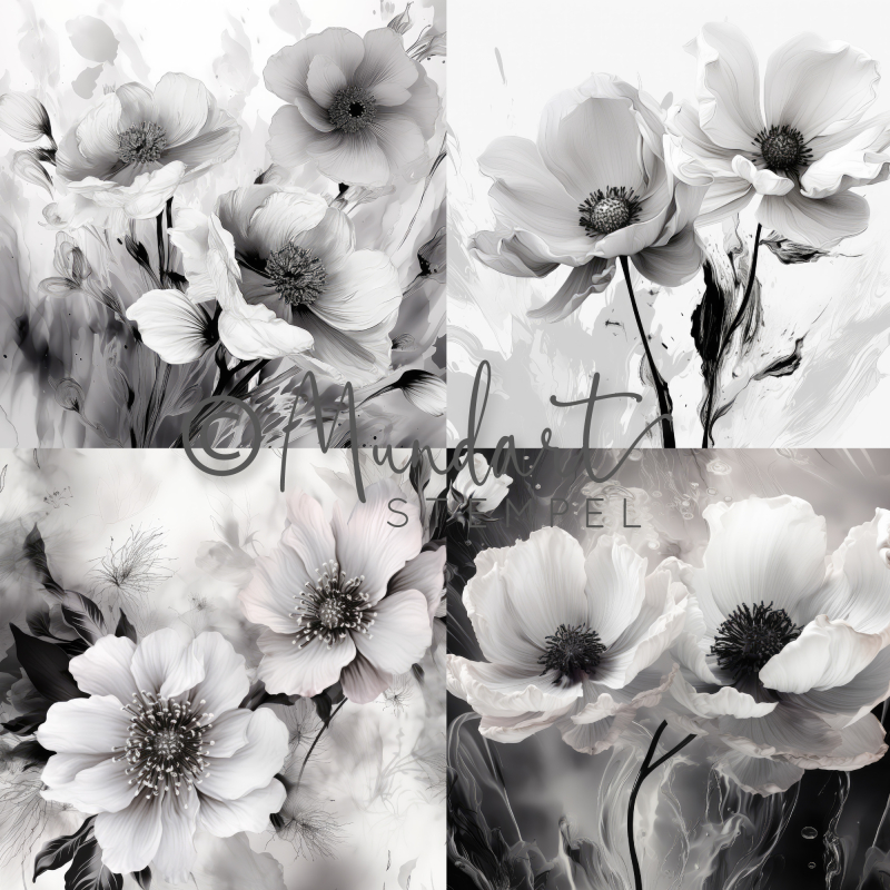 Designpapier Blumen schwarz/weiss