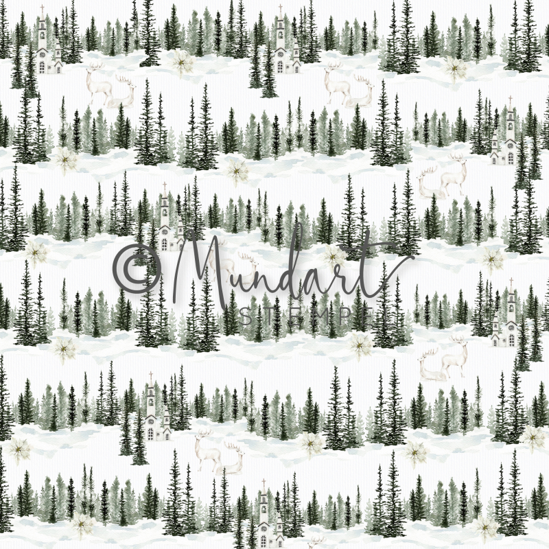 Designpapier Winterwald und Kirche